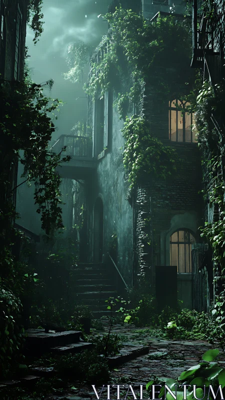 Overgrown courtyard shows ivy covered facade and lit window
