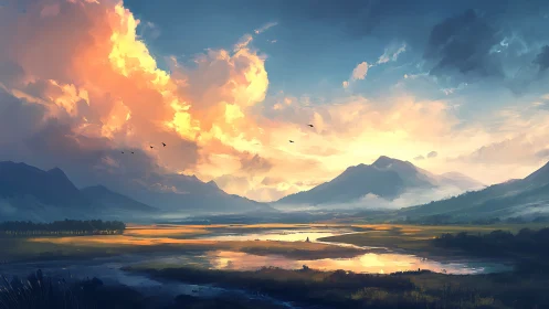 Expansive dawn valley rendered with luminous atmospheric clouds