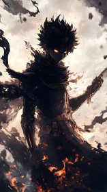 Dark elemental warrior with glowing eyes in fiery storm.