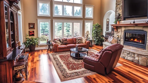 High-ceiling living room with panoramic glazing and hearth focus.