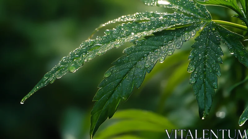 Cannabis leaf glistens with dewdrops in soft morning light.