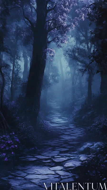 Moonlit Forest Path Through Ancient Trees.