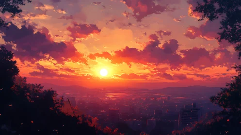 Skyfire sunset spilling over a quiet city of distant lights.