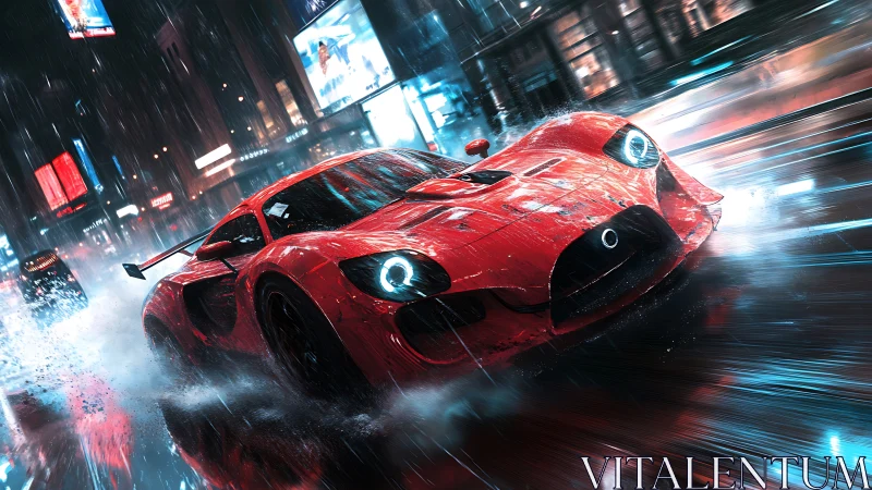 Aerodynamic red hypercar drifting through neon rainstorm city.