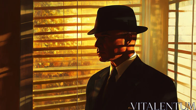 Shadow-striped gentleman in molten windowlight suspense.