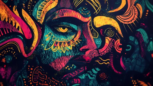 Neon abstract portrait radiates swirling tribal energy