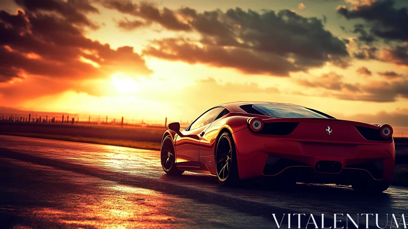 Sunset drive with a sleek red supercar on open road.