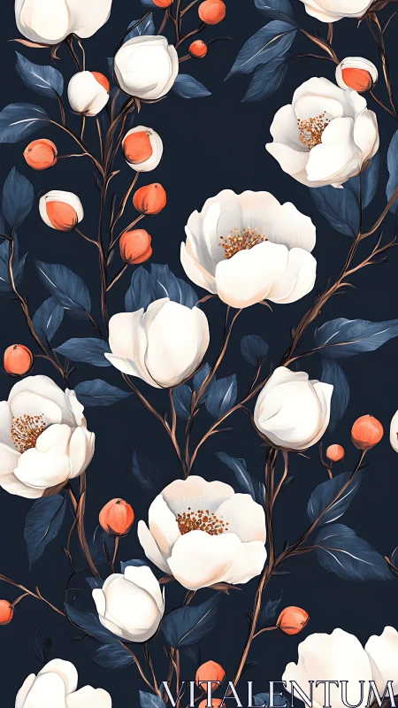 White Peonies with Coral Berries on Dark Navy Background