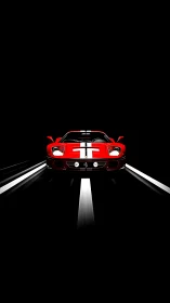 Red sports car front view on dark road with light trails.