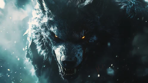 Lupine fury in icy storm with glowing ember eyes poised.