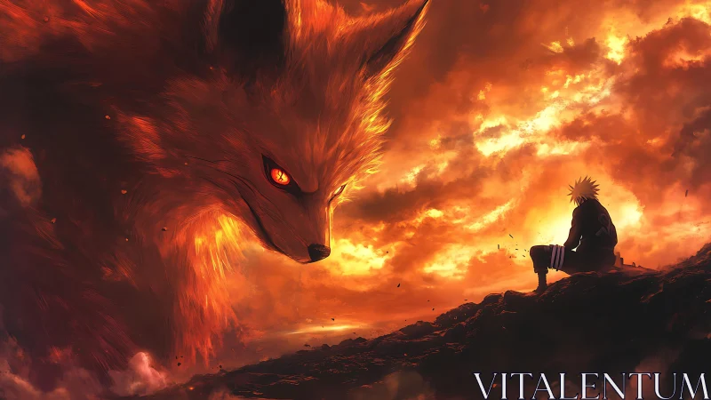Blazing fox spirit confronts lone warrior in burning sky.