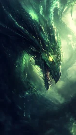 Emerald storm dragon swirling through mist and moonlight.
