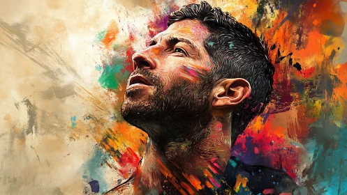 Color-splashed portrait gazes upward in hopeful wonder