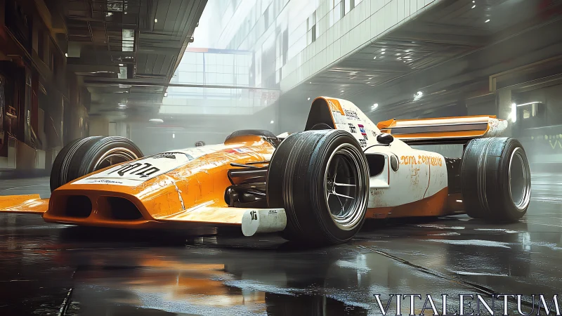 Sleek orange race car resting in a misty urban garage.