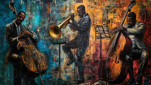 Textured jazz trio portrait uniting impasto brushwork and warm lighting