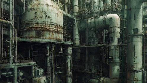 Quiet industrial labyrinth of weathered pipes and steel.