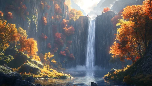 Autumn canyon waterfall with backlit foliage and misty pool