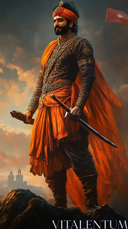 Regal warrior stands tall in flowing orange battle robes