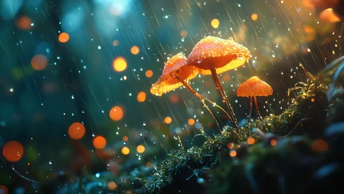 Glowing orange mushrooms in rain with soft forest bokeh.