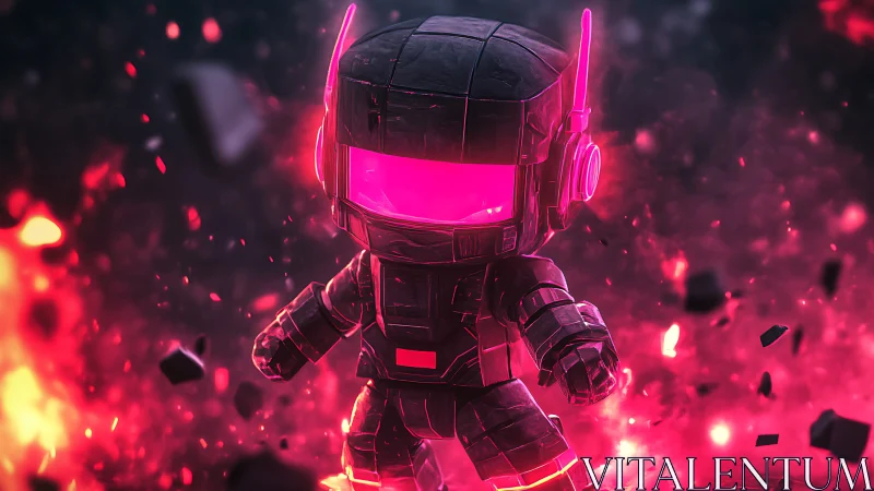 Neon visor warrior stomps through pixelated cosmic embers.