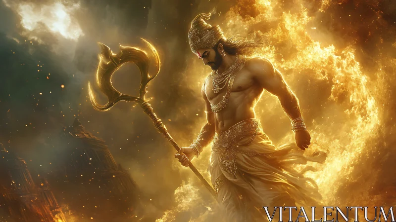 Mythic warrior with trident amid circular fire halo.