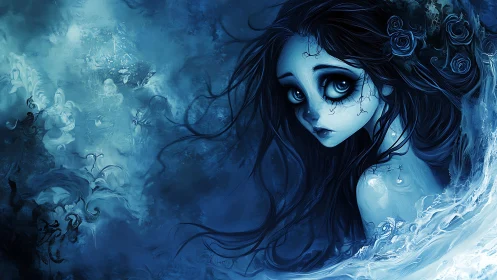 Melancholic blue sea nymph rendered in ethereal digital tones.