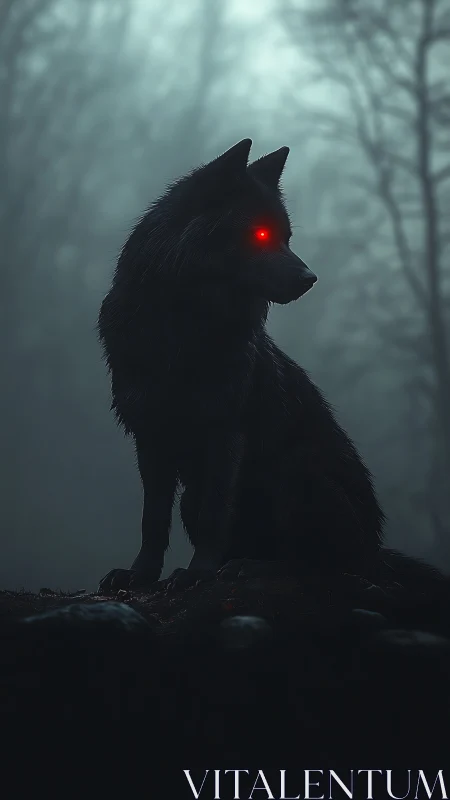 Black wolf with glowing red eye in dense haunted fog.