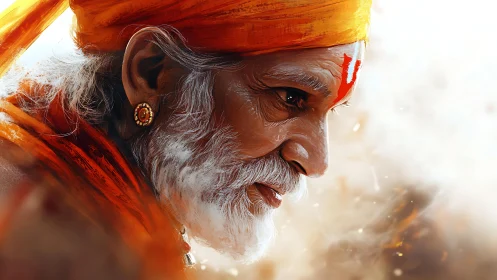Profile portrait of elderly sadhu in saffron garments, high detail