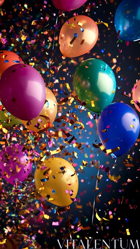 Vibrant Balloons Burst Through Rainbow Confetti Celebration.