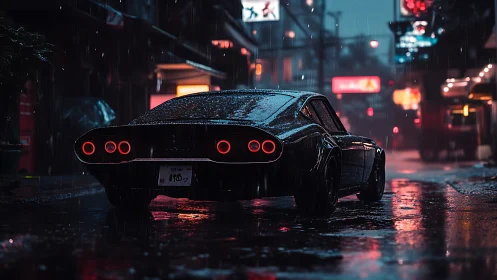 Noir sports car under neon rain on reflective city street.