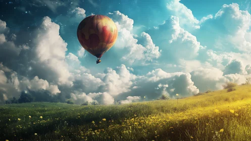 Hot air balloon above grassy hillside under clouded sky.