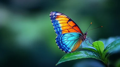 Vivid blue and orange butterfly on fresh green leaf.