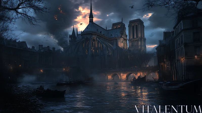 Gothic riverside cathedral under stormy burning sky at dusk.