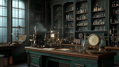 Victorian laboratory interior with brass scientific instruments.