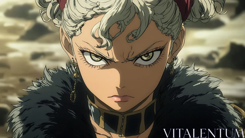 Fierce silver haired anime warrior with intense stare