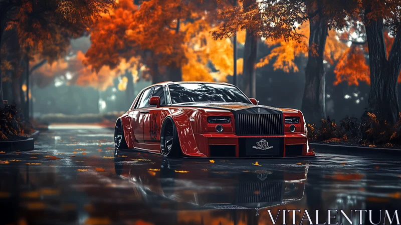 Low-slung crimson luxury glides through mirror-bright autumn