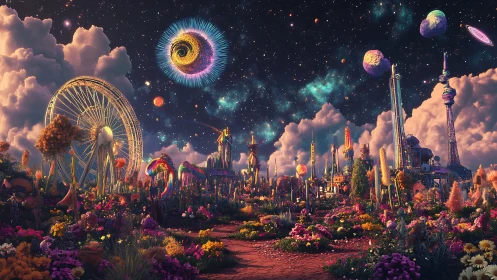 Surreal cosmic amusement park amid lush alien garden.