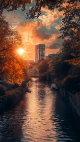 Sunlit riverside cityscape glows beneath a fiery sunset.