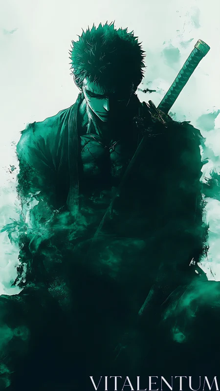 Solitary swordsman in emerald smoke and harsh shadow.