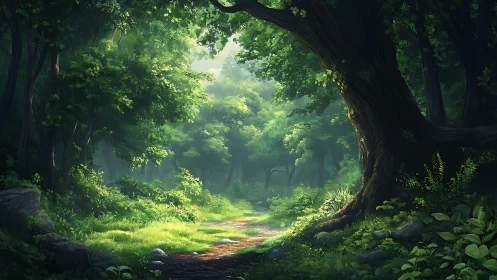 Dense forest path with towering trees and filtered sunlight