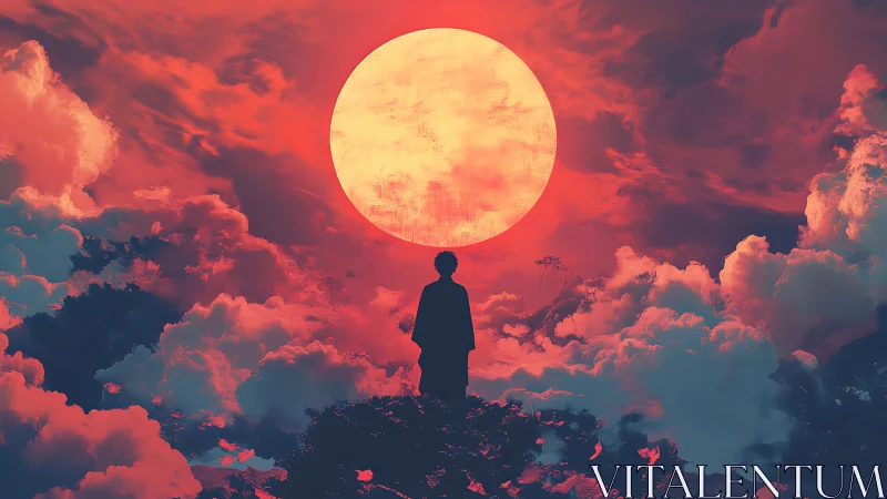 Solitary human silhouette beneath large sun over clouds.