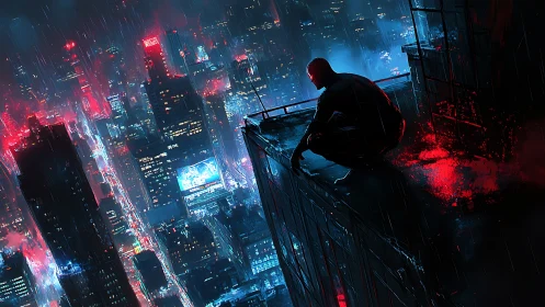 Silhouetted figure crouches on rooftop edge above neon city