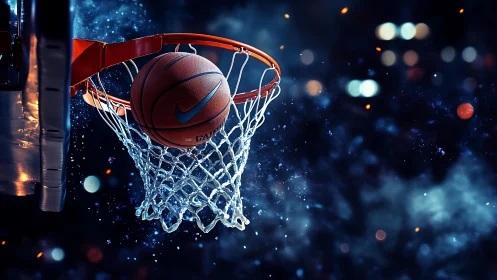 Dynamic basketball swish under stadium night lights.