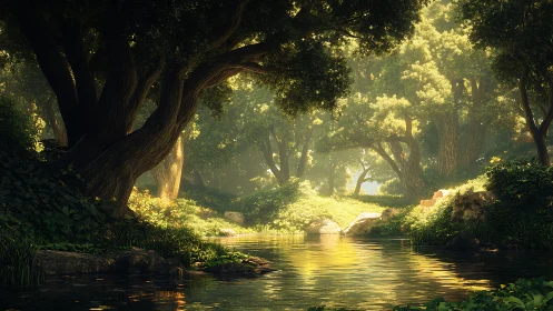 Sunlit Forest Stream with Ancient Trees.