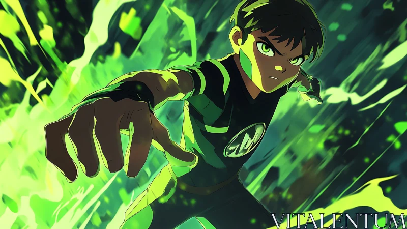 Teen hero in green energy field with extended reaching hand.