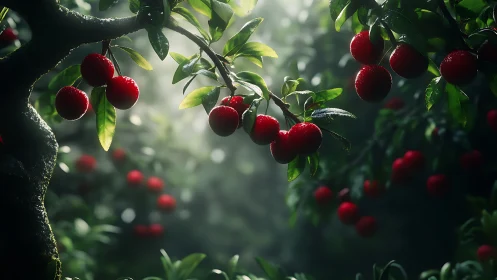 Red cherries hang on wet branches in soft forest light