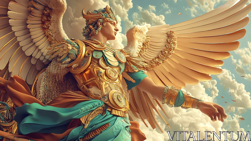 Baroque celestial warrior in ornate golden winged armor.