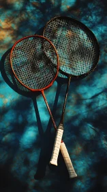 Sunlit badminton rackets resting on a dreamy blue court.