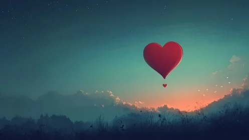 Celestial Heart Floating Above Twilight Landscape with Starlit Sky.