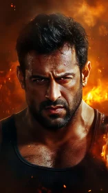 Thermal-etched warrior portrait amid volumetric flame field.